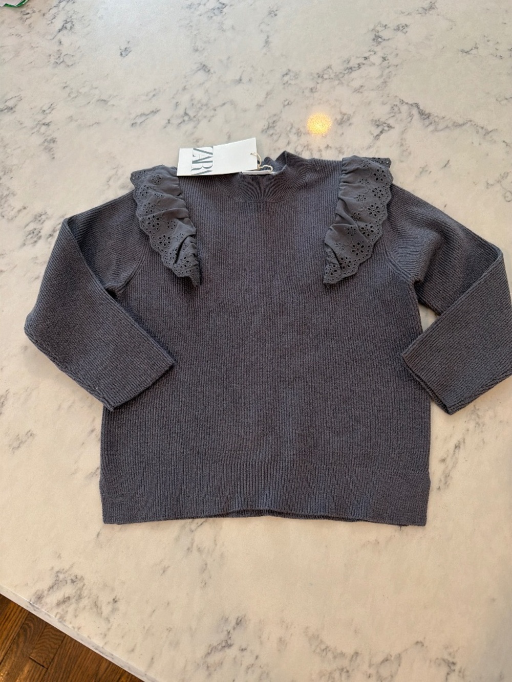 NWT! Zara Girls Gray Knot Sweater with Eyelet Ruffle